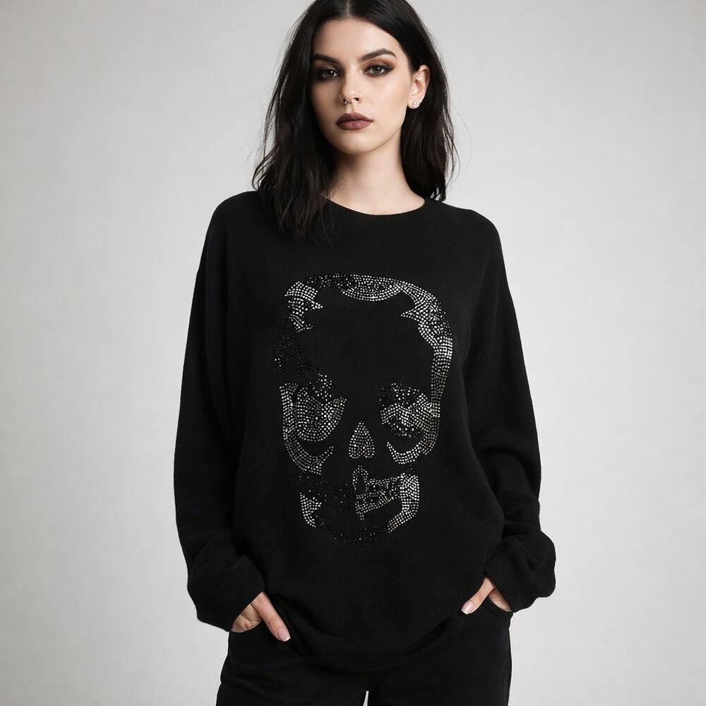 Vila Milano Y2K Black Rhinestone Skull Sweater Small Goth Witchy Crewneck